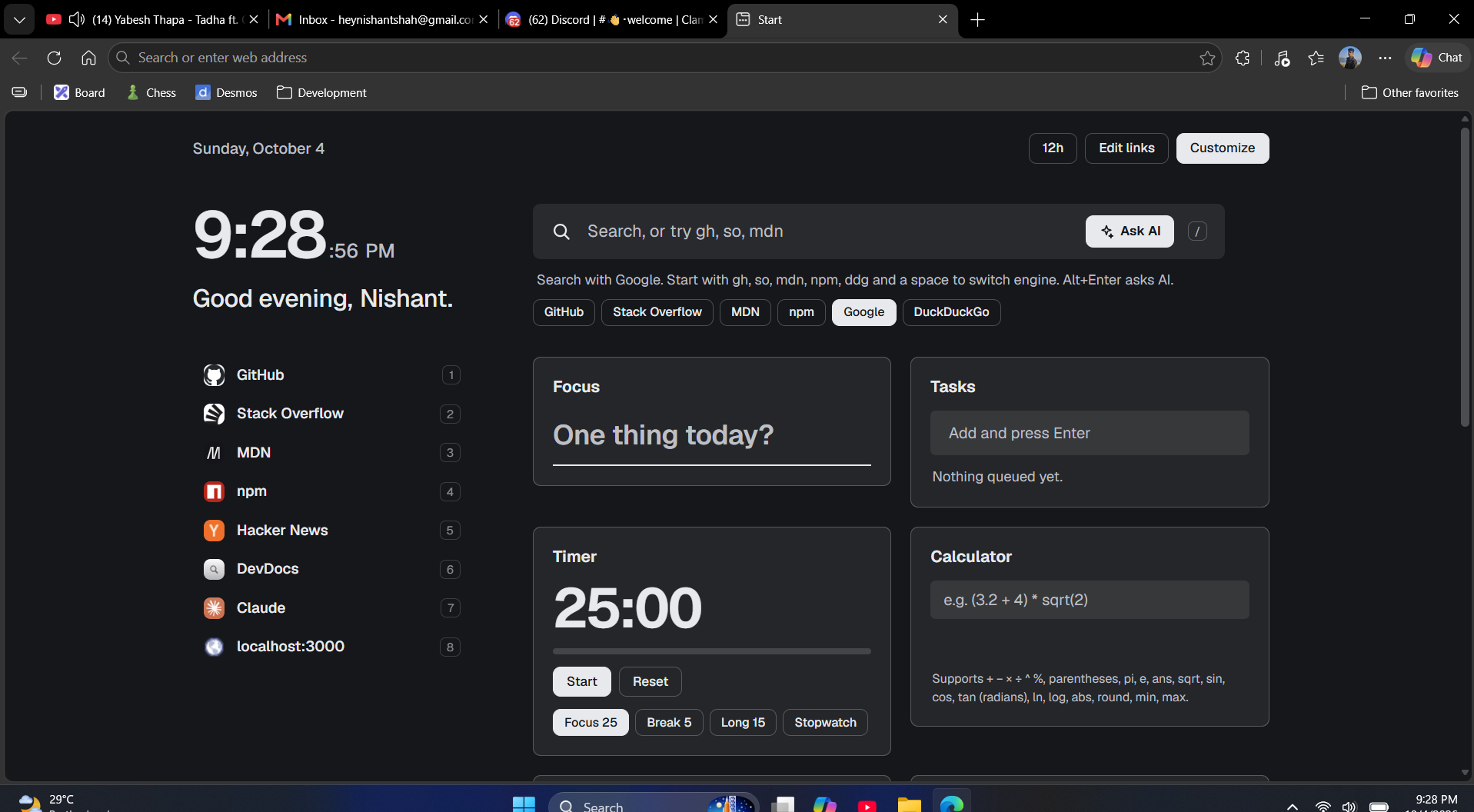 Start new tab page with a clock, greeting, quick links, search box with an Ask AI button, and Focus, Tasks, Timer, and Calculator panels